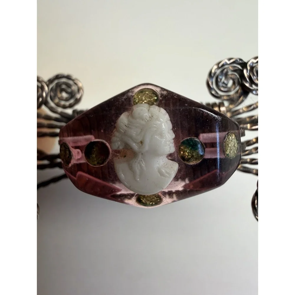 Vintage 1940s Pink Lucite Cameo Brooch Pin Hand Wrapped Wire Filigree Wings